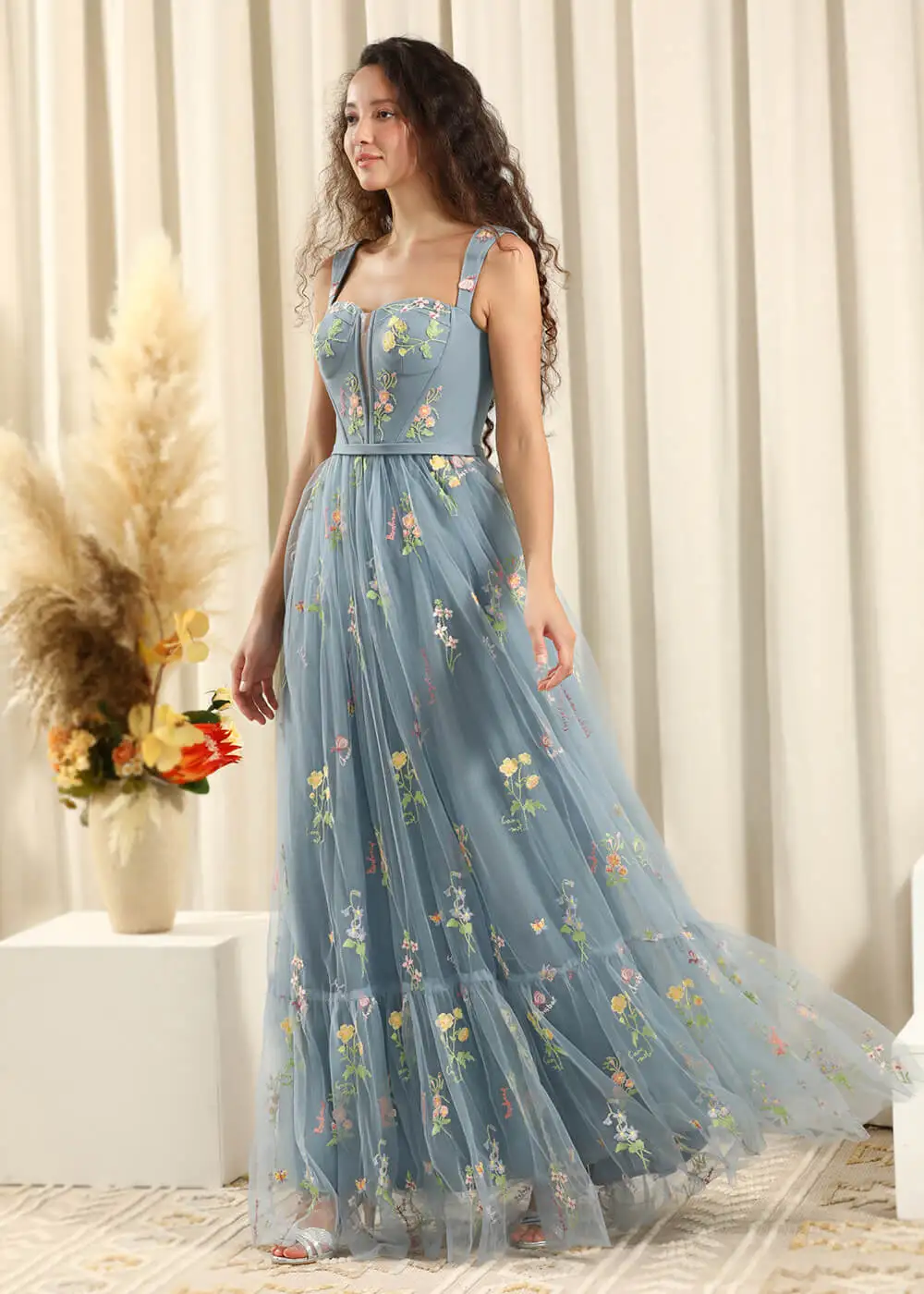 Women\'S A Line Flower Embroidery Prom Dresses Long Square Neck Sleeveless Tulle Party Evening Gown Corset Bridesmaid Dress