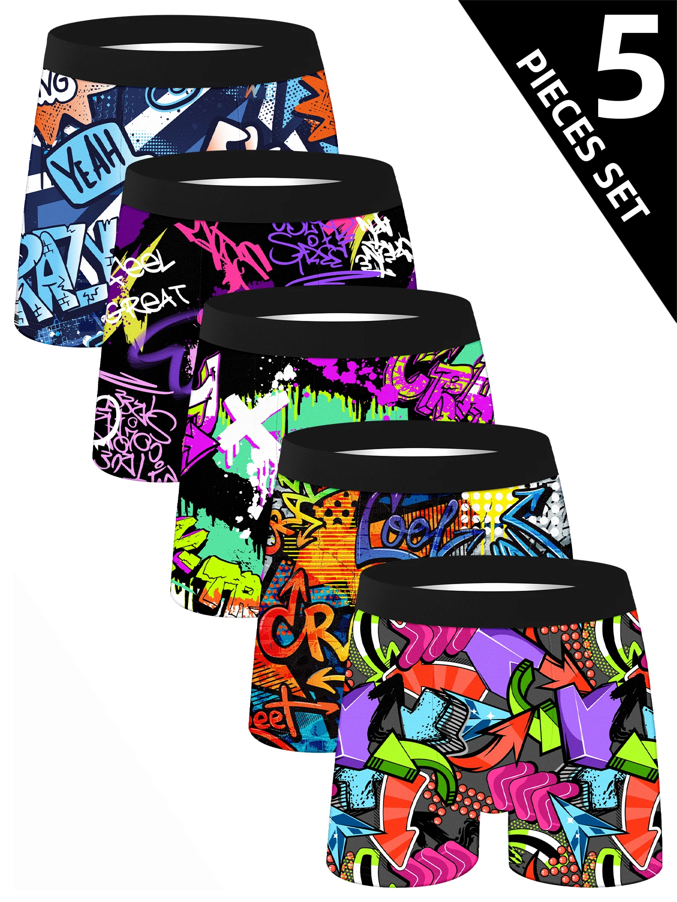 

Набор из 5 мужских трусов-боксеров: повседневные, спортивные, удобные, дышащие, с граффити-дизайном