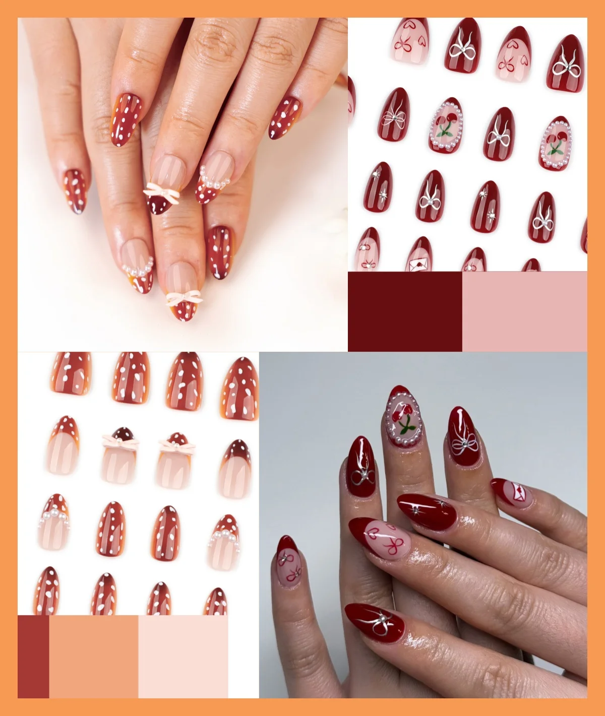 24Pcs  Autumn Winter Short Almond Nails Tips Full Cover Flower Brown Sparkling Diamond False Nails Set Wearable Acrylic Manicure