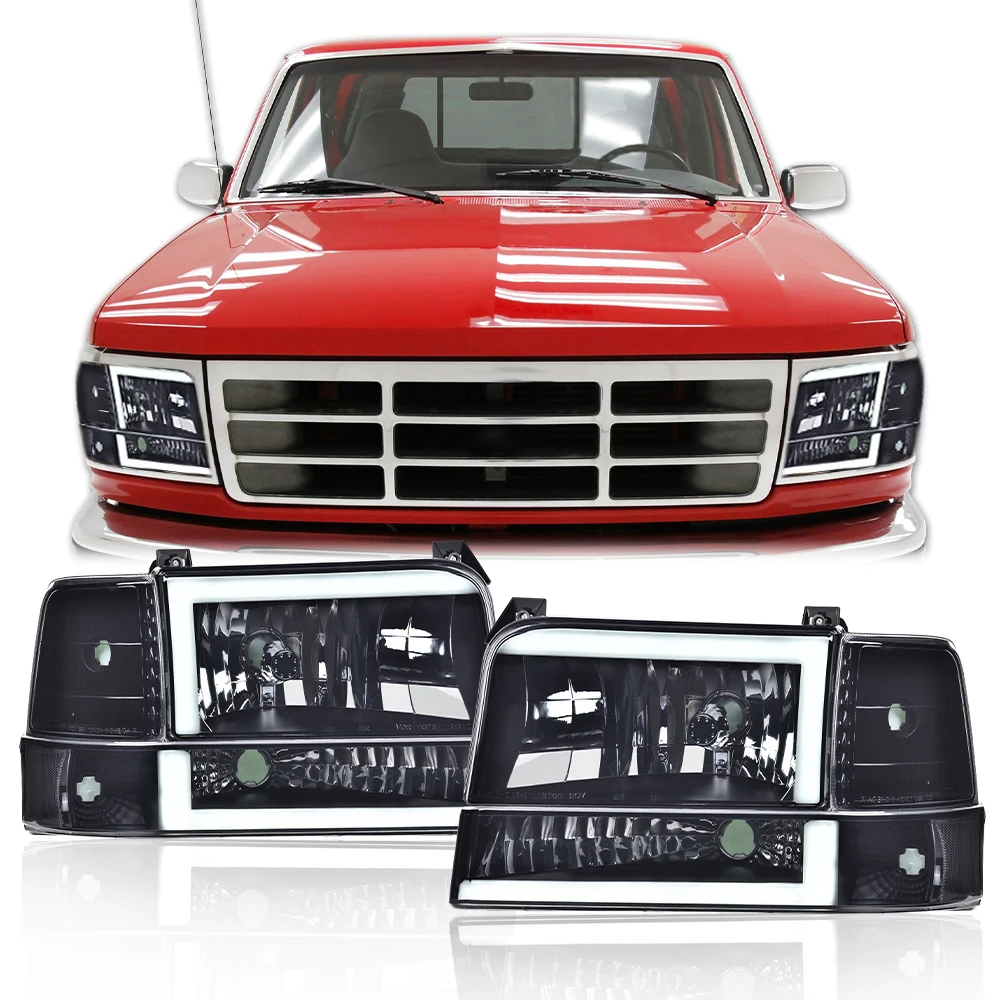 

6 шт., угловой/бампер с двойной светодиодной подсветкой Drl, подходит для Ford F150 F250 F350 F2Tz13008A, F2Tz13008B 1992-1996 годов, галогенные черные/дымчатые линзы