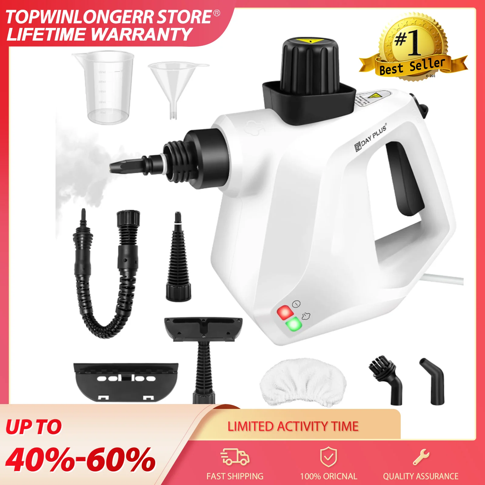 Nettoyeur vapeur haute pression 3800W (Nettoyeur de voiture) - IPX4, câble de 2,5 m, canon à vapeur + 9 accessoires pour éliminer les taches sur plusieurs surfaces
