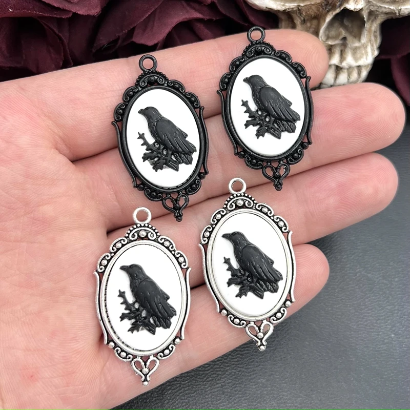 4pcs Gothic Black  Crow Silver Plated Framed, Raven Relief Charms Halloween Witch Pendant Fit Jewelry Making DIY Jewelry Finding