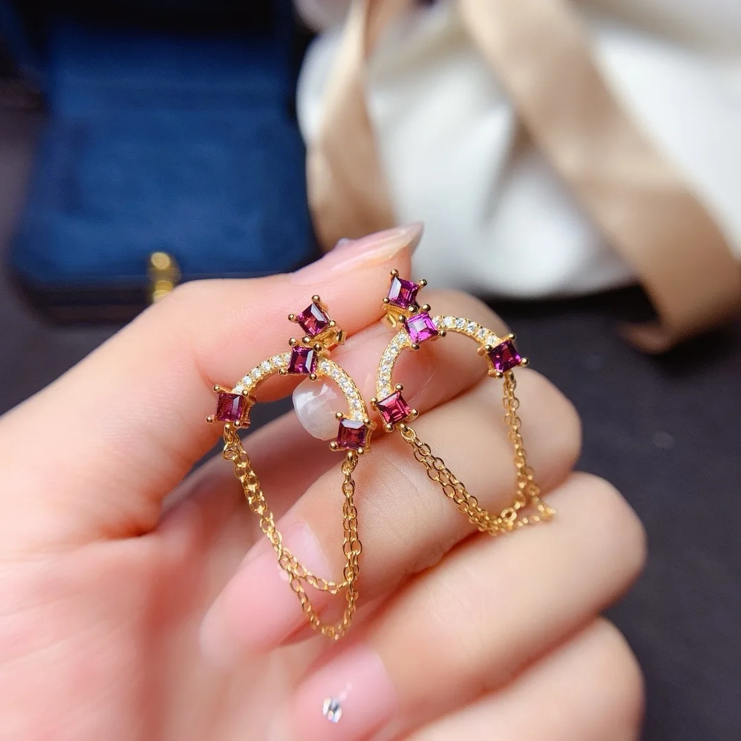 Fine Jewelry 925 Sterling Silver Inset with Natural Magnesium Aluminum Garnet 3x3mm Girl Fringe Earrings to Send Girlfriend New