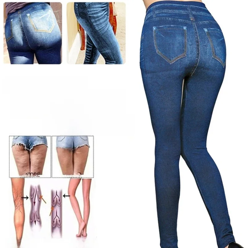 Damskie legginsy gimnastyczne Faux Denim Jeans legginsy kieszonkowe legginsy z nadrukiem Casual spodnie ołówkowe z wysokim stanem wyszczuplające spodnie Push Up — zdjęcie 2