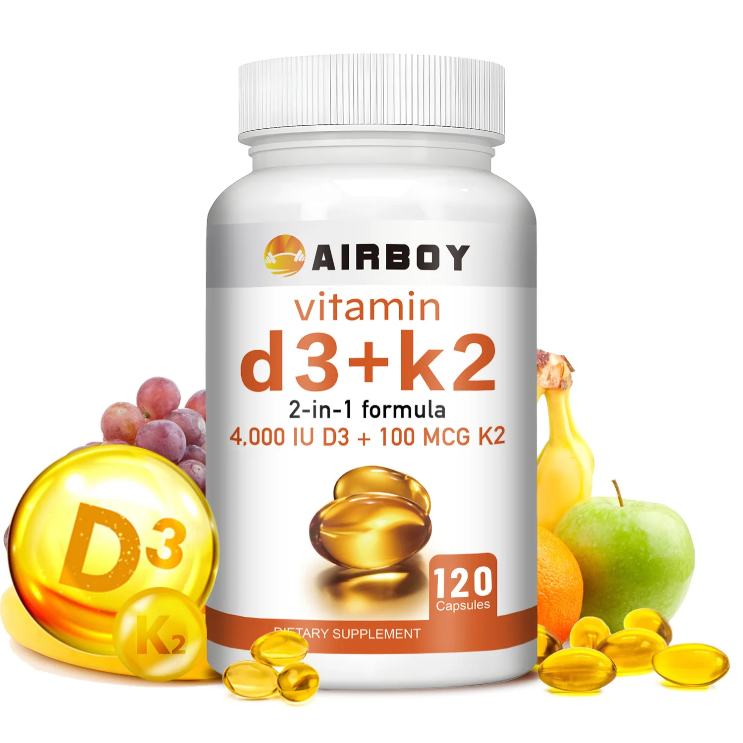 Vitamin D3 + K2 - Help Regulate Calcium Metabolism Promote Bone Teeth and Skin Health Support Immunity - 120 Capsules