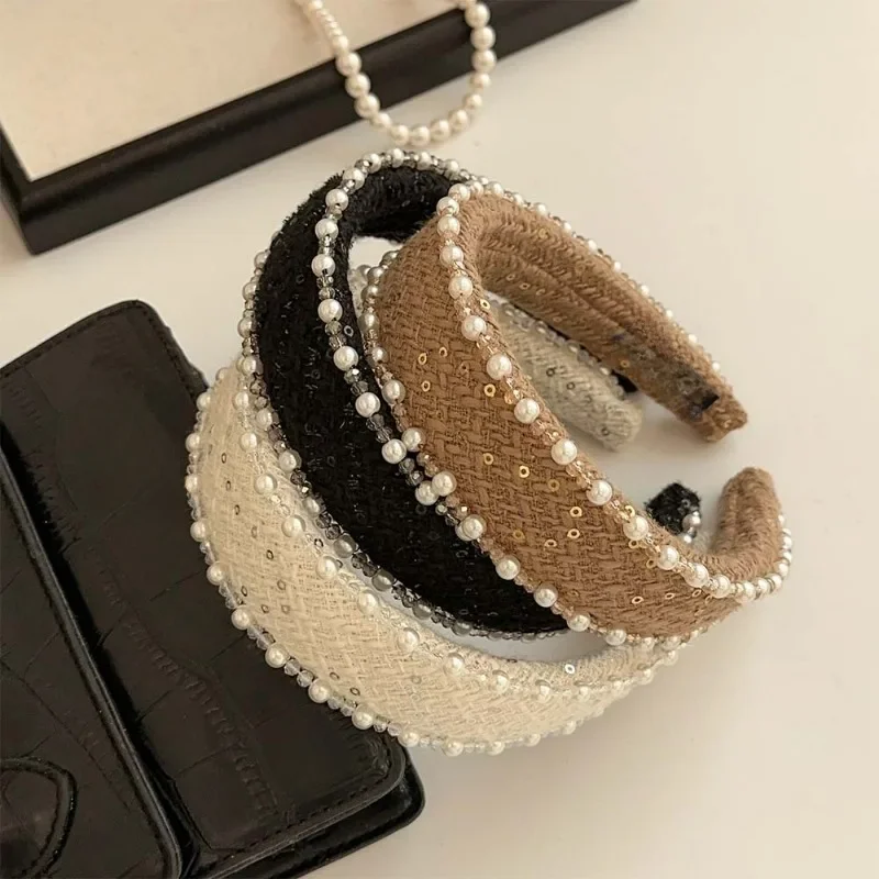 Nowa wełniana opaska z perłami dla przemysłu ciężkiego High Sense Wide-Edged Headhoop High Skull Top Hair Fixer Light Luksusowe akcesoria do włosów — zdjęcie 2