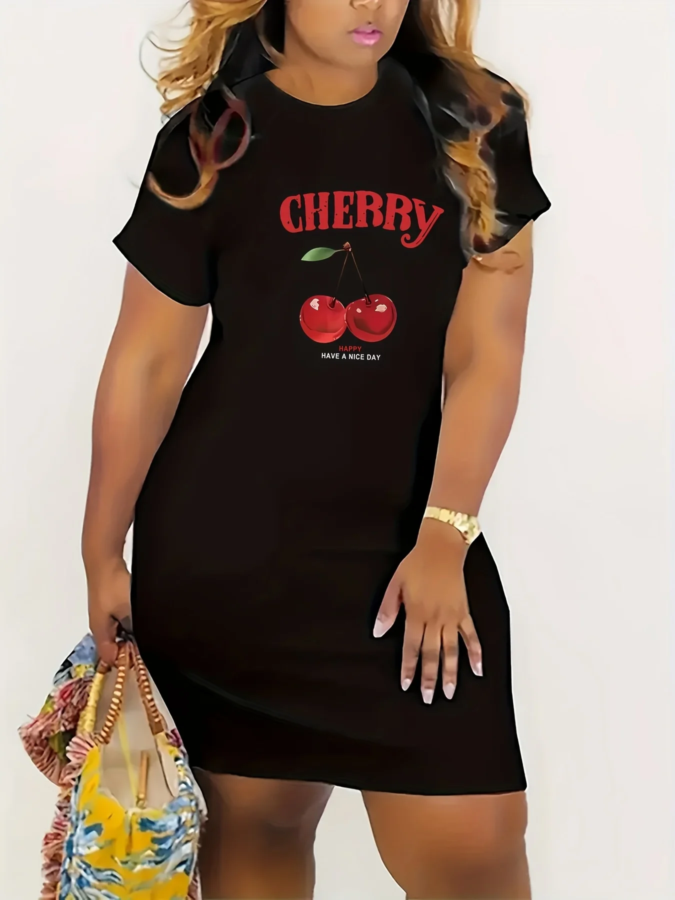 Grande taille femmes été cerise motif sportif décontracté lettre imprimé jupe à la mode de haute qualité pyjama ample robe d'étudiant