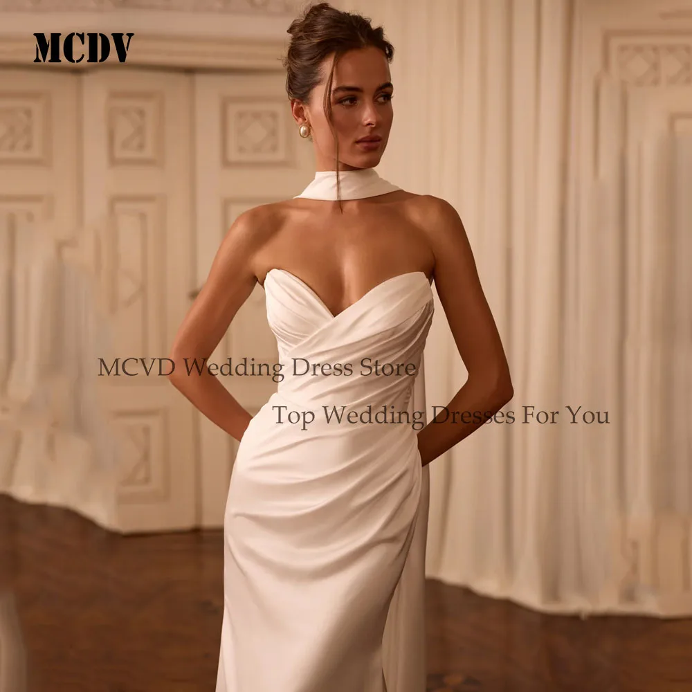 ชุดแต่งงาน MCDV แบบนางเงือก สายเดี่ยว จับจีบ ชุดเจ้าสาว 2025 ผ้าคลุมไหล่ ผ้าซาติน ชุดแต่งงานแบบไม่มีแขน สามารถสั่งตัดได้