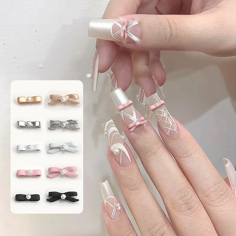 Nail Art Encantos para Sapatos de Dança, Liga 3D, Fita Kawaii Rosa, Arco de Pérola, Decoração de Unhas, Arcos de Balé Francês, Peças de Manicure, 10 peças