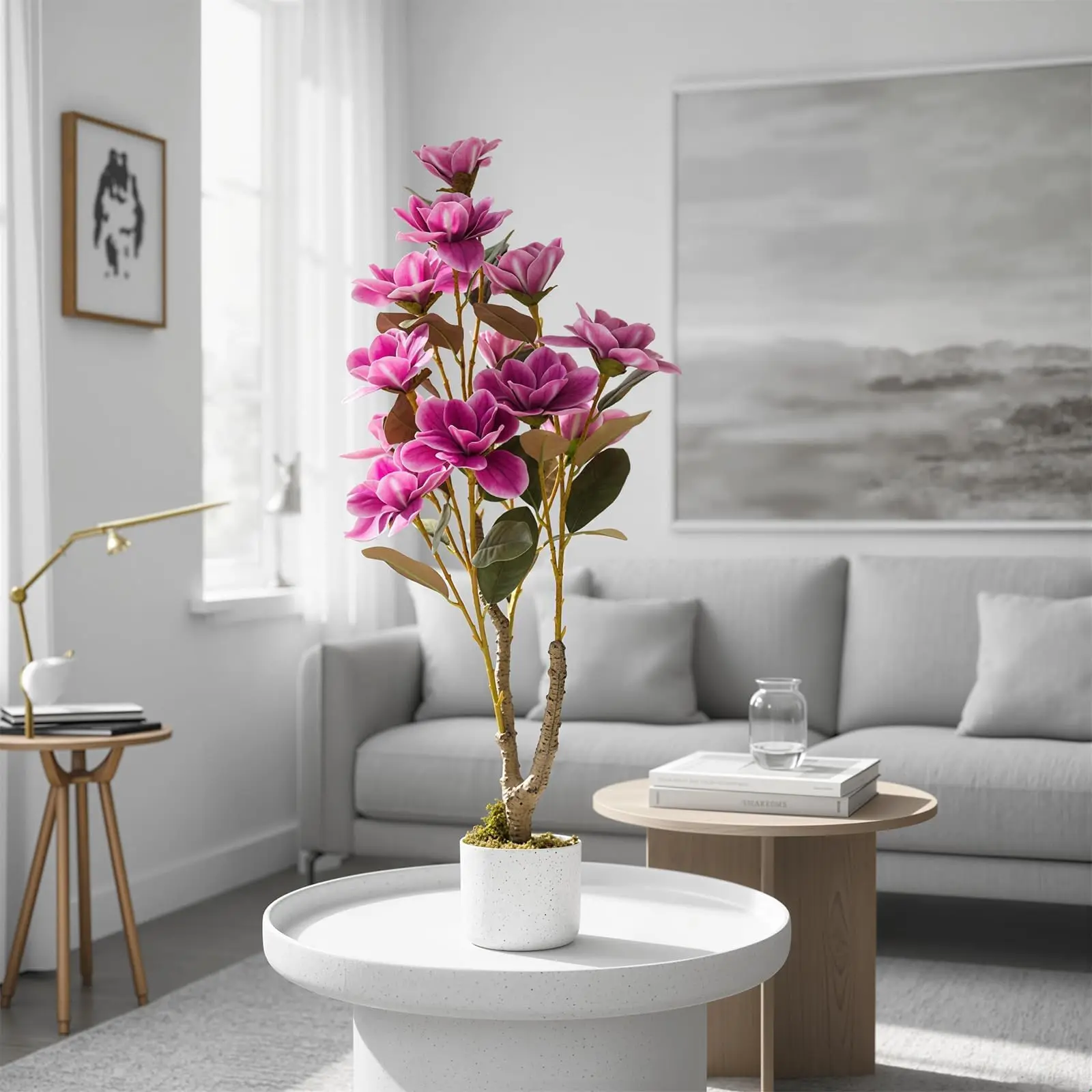 Plante artificielle Arbre de magnolia 95 cm |     Fleurs artificielles en pot |     Magnolia artificielle avec 14 fleurs et pots blancs |     Décoration réaliste pour la maison et le bureau