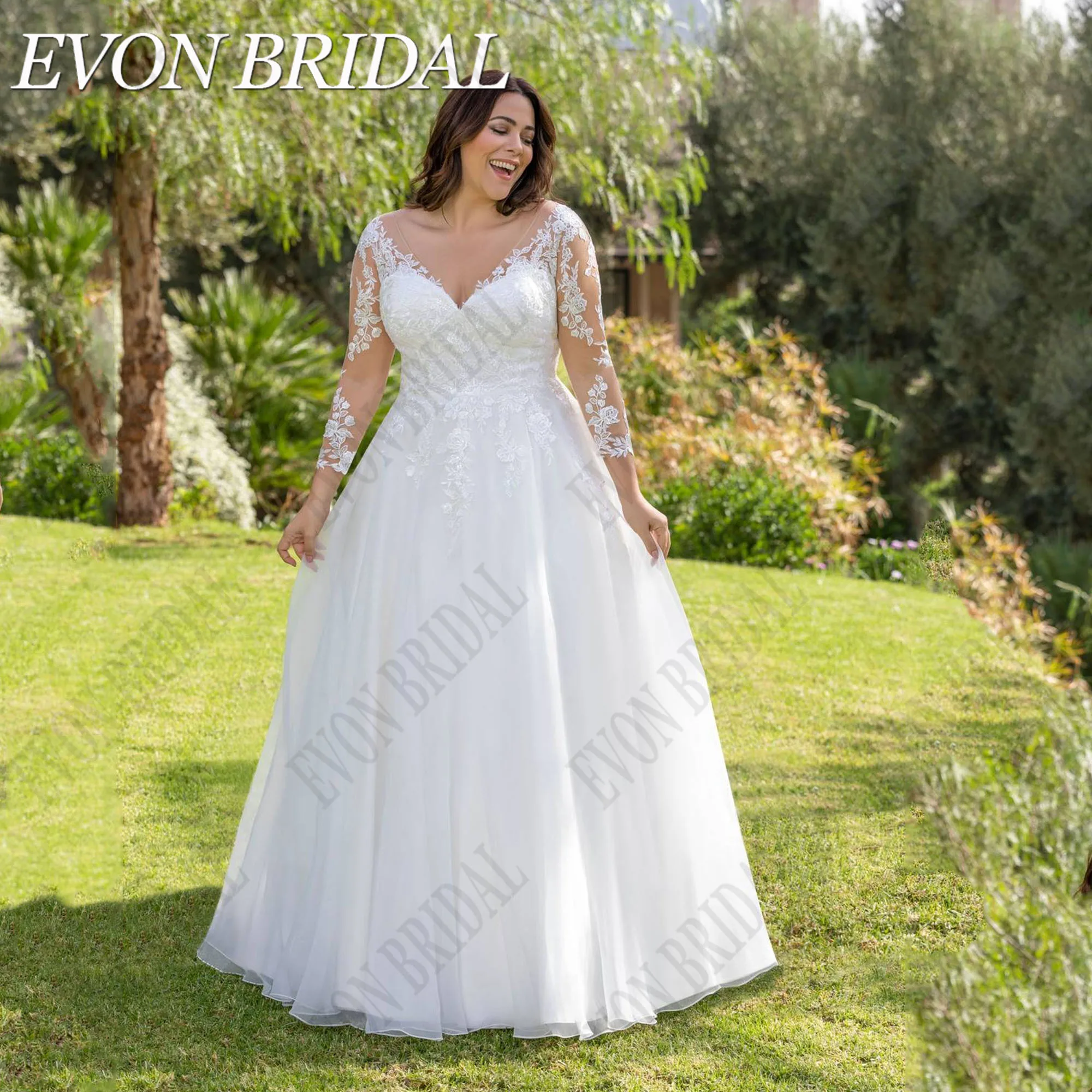 EVON BRIDAL vestido de Novia de manga larga de talla grande 2025, vestido de Novia de gasa con cuello en V, corte en A, Apliques de encaje, Vestidos de Novia personalizados