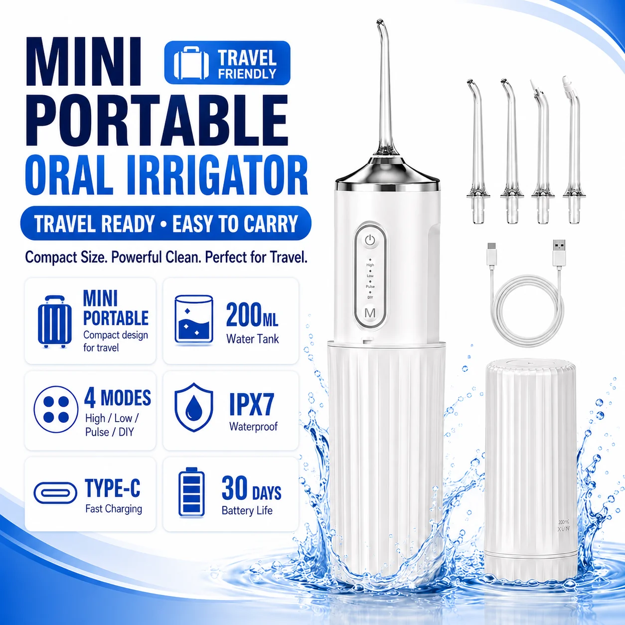 Mini irrigador oral portátil dobrável para viagem, irrigador oral para crianças e adultos, ajuste de 4 níveis, 200ml, USB C, IPX7, sem fio
