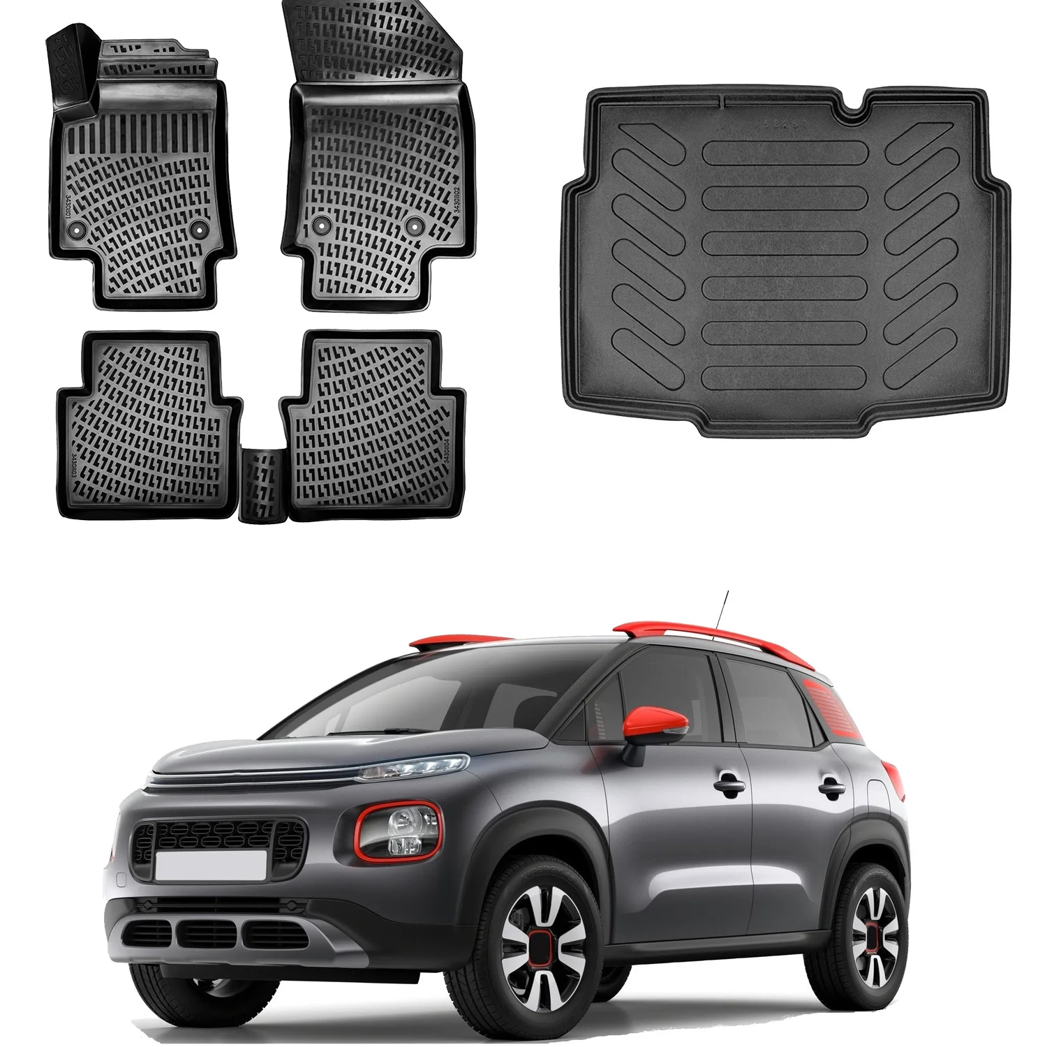 Floor Mats + Cargo Trunk Liner Fits Citroen C3 Aircross 2017-2024 Set - All Weather Maximum Coverage - Water Resistance