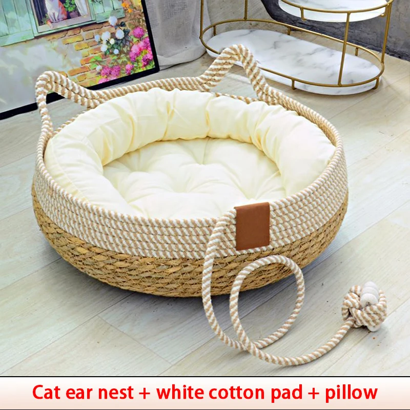 Summer Cat Bed Woven Removable Upholstery Sleeping House Cat Scratch Floor Rattan Wear-resistant Washable Cat Pet Supplies