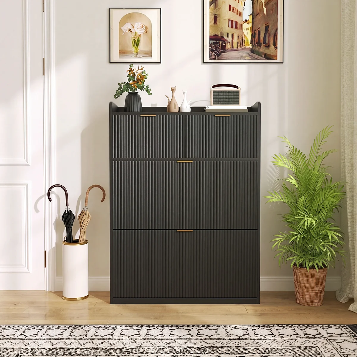 Geriffelter Schuhschrank mit 2 Klappschubladen und 2 Schubladen mit Griffmulden, moderner Eingangsschrank mit goldenen Griffen, schmaler Schuhorganizer für Wohnzimmer, Flur und Schlafzimmer – Detail 1