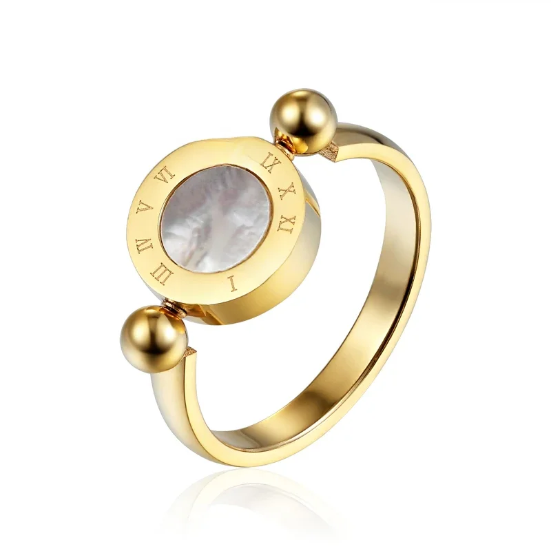 Klassische Design Können Gedreht Werden Emaille Und Shell Römische Ziffer Schöne Frau Ring Edelstahl