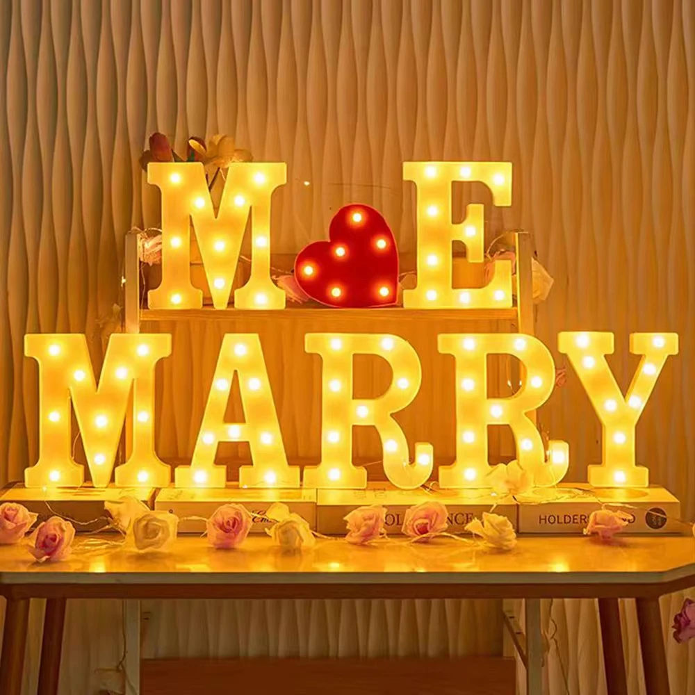 

Набор из 8 светодиодных букв «Марри Ми» для романтического декора на свадьбу или День святого Валентина, работает от батареек, с выключателем.