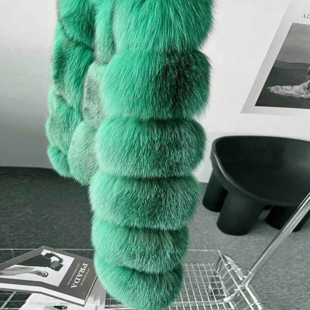 Short Green Natural Fox Fur Jacket Round Collar High Quality Women Winter Fashion Genuine Fox Fur Coat Full Pelt Fur Overcoats