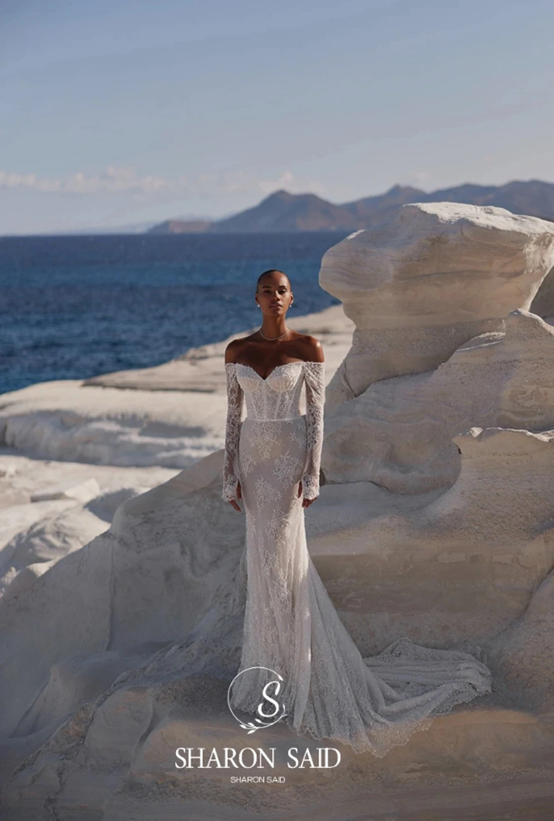 Sharon Said 2025 Elegante Zeemeermin Off White Kant Trouwjurken Corset Lange Mouw Sweetheart Hof Trein Jurken SW236 Aangepaste