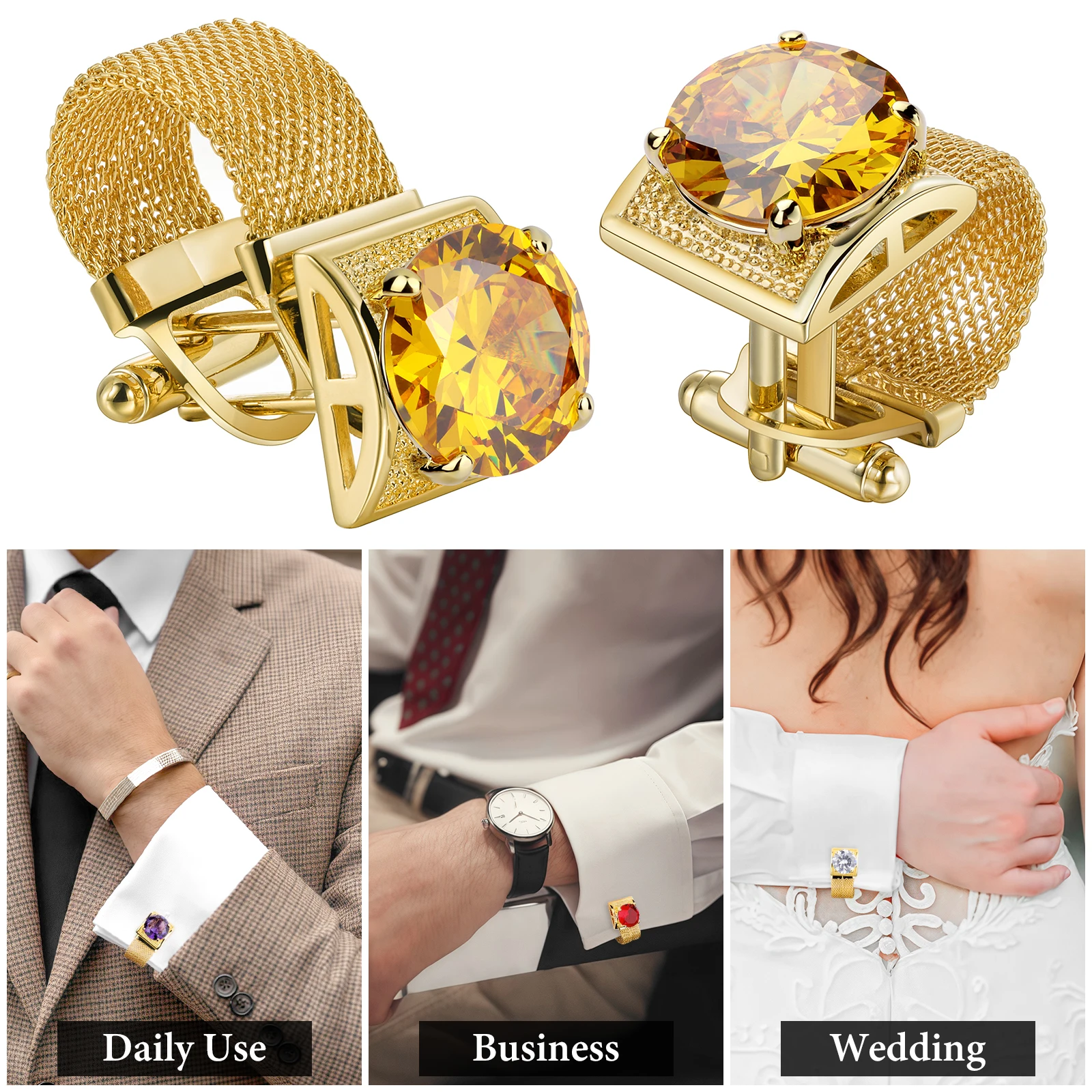 Men Birthstone Cufflinks Gold Mesh Chain Oval Crystal Zircon Cuff Links for French Shirt Birthday Gift for Men HAWSON