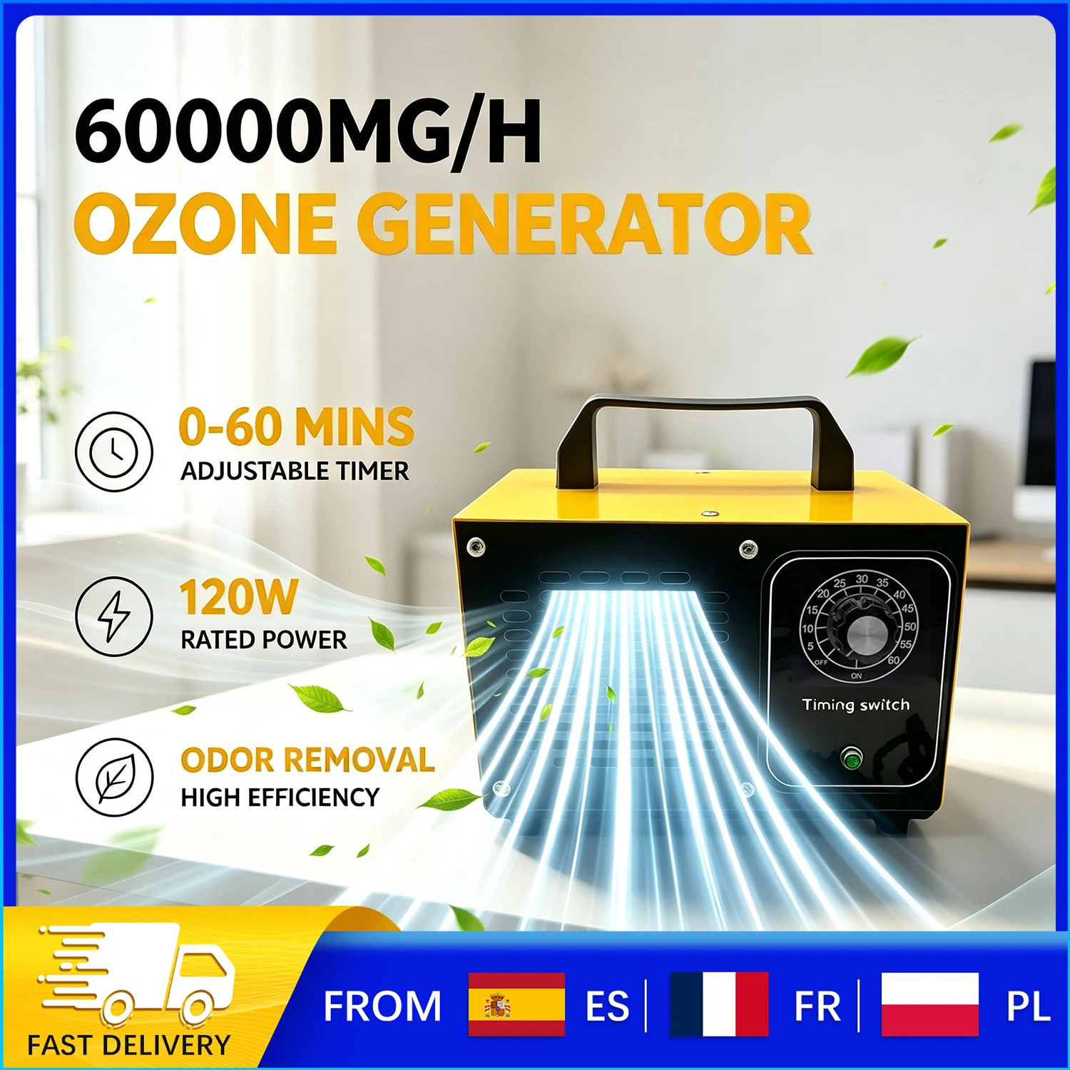 Image of 60g/h Ozongenerator mit 0-60min Timer, Hochleistungs-Ozon-Luftreiniger zur Entfernung von Formaldehyd, Rauch und Tiergerüchen, Industrielle Ozonmaschine für Zuhause und Auto