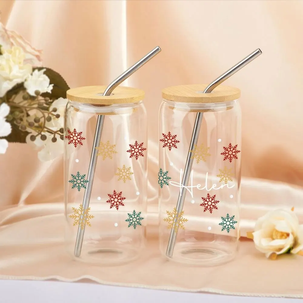 2026 New Snowflake Glass Can Cup Custom Name Iced Coffee Tumbler with Bamboo Lid and Straw, Christmas Holiday Drink Gift view 5