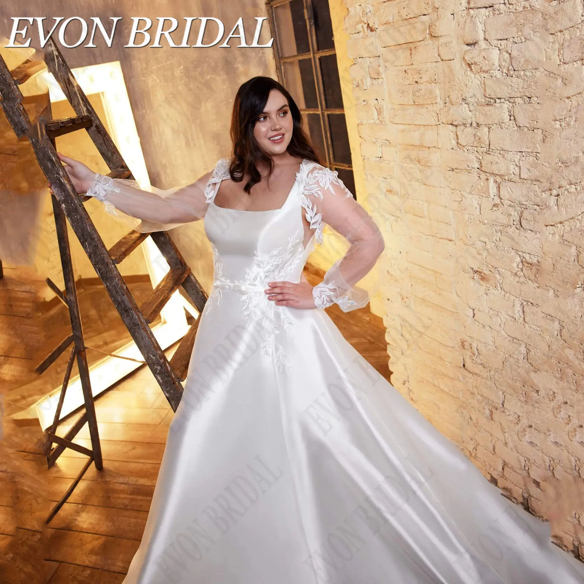 

Satin Puff Sleeves Wedding Dresses Plus Size Square Collar Applique Bride Gown Customized Vestidos Novias Boda EVON BRIDAL