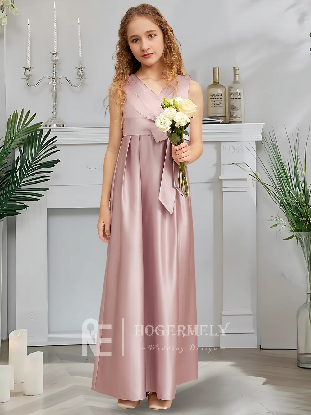 Этническое трапециевидное платье для подружек невесты, румяное платье с цветочным узором для девочек, v-образный вырез, атласный бант, садовое гала-платье для свадебной вечеринки