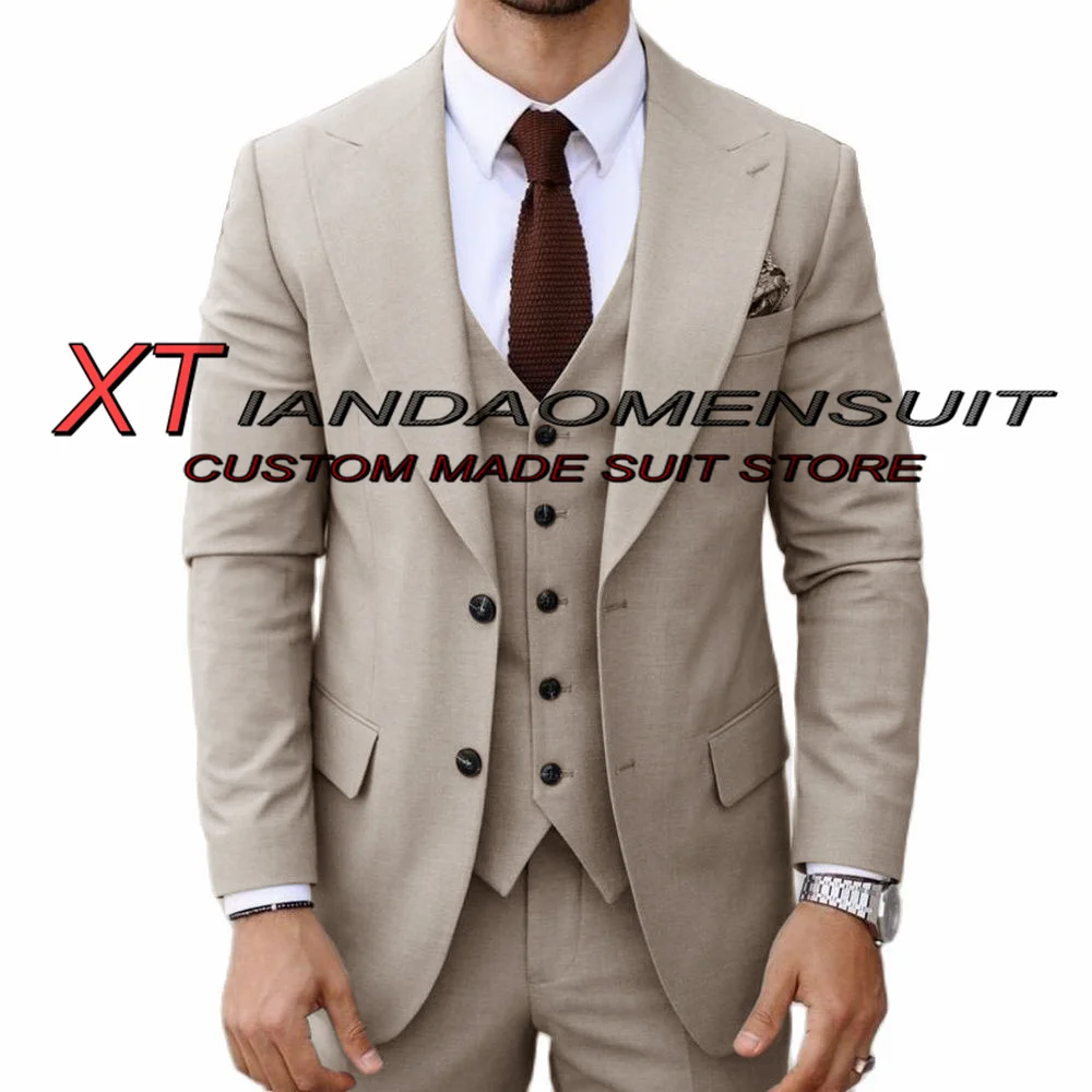 

Beige Men's Suit Wedding Tuxedo Groom Blazer & Pants & Vest Three Piece Point Lapel Formal Male Jacket Set