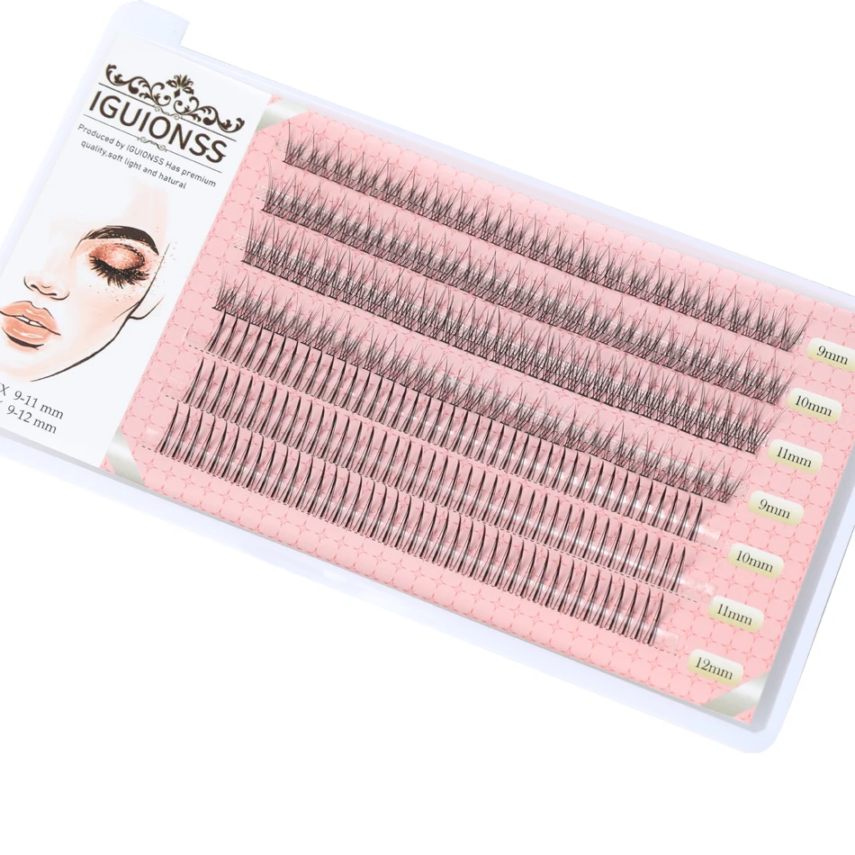 IGUIONSS 7 rows 284 bundles Eyelashes Self-Grafting Fishtail lashes Type A lashes 9-12mm Mixed Pack C Curl 0.07mm Thickness