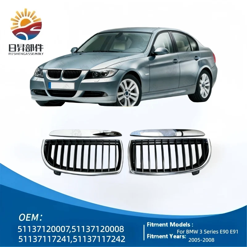 

Set Front Kidney Grille Semi Chrome Single Black Slat For BMW 3 Series E90 E91 323I 328I 335I 330I 325I 2005-2008 Replacement