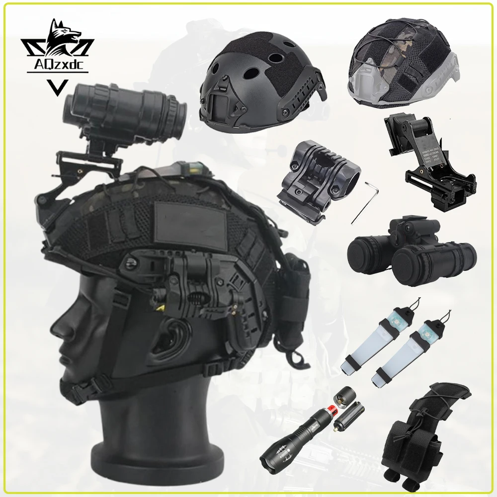 Tactical Airsoft Helmet Set With PVS14 Bracket Binocular Night Vision Goggles Model Signal Light Battery Pouch for Shooting Game