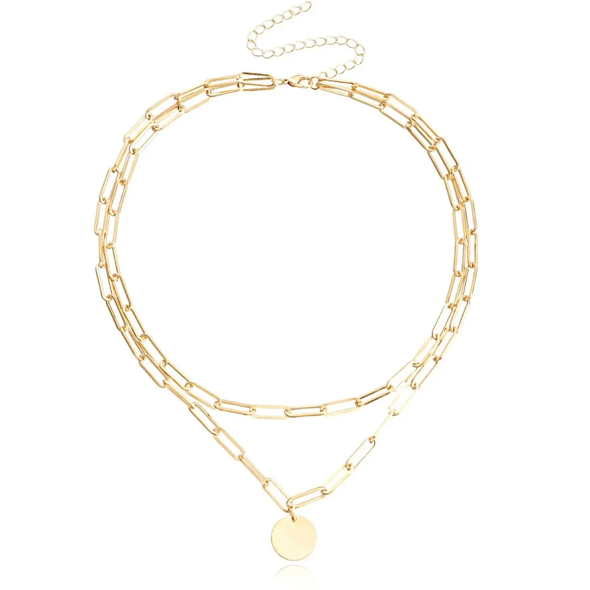 Choker Necklaces Gold Color Round Coin Pendant Necklace Square Shaped Link Chain Double Layered Necklaces Set For Women image 6