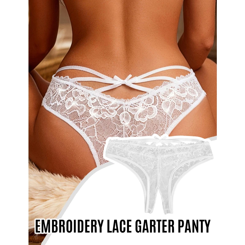 Women Sexy Open Crotch Panties Plus Size S-2XL Lace Hollow Out Thong Silver Thread Bowknot Lingerie Erotic Underwear G-String