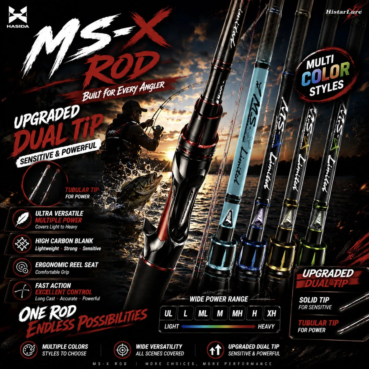 

HASIDA MS-X Series Two Tips Fishing Rod High Strength Medium Fast Action 1.80m to 2.46m Full Carbon Spinning and Casting