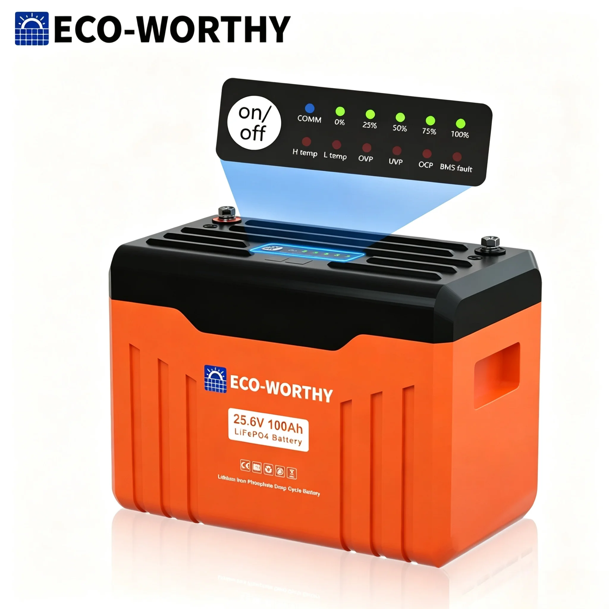 ECO-WORTHY 2560Wh 24V 100AH LiFePO4 Lithium Battery With SOC Display for Home Solar Energy Storage Backup