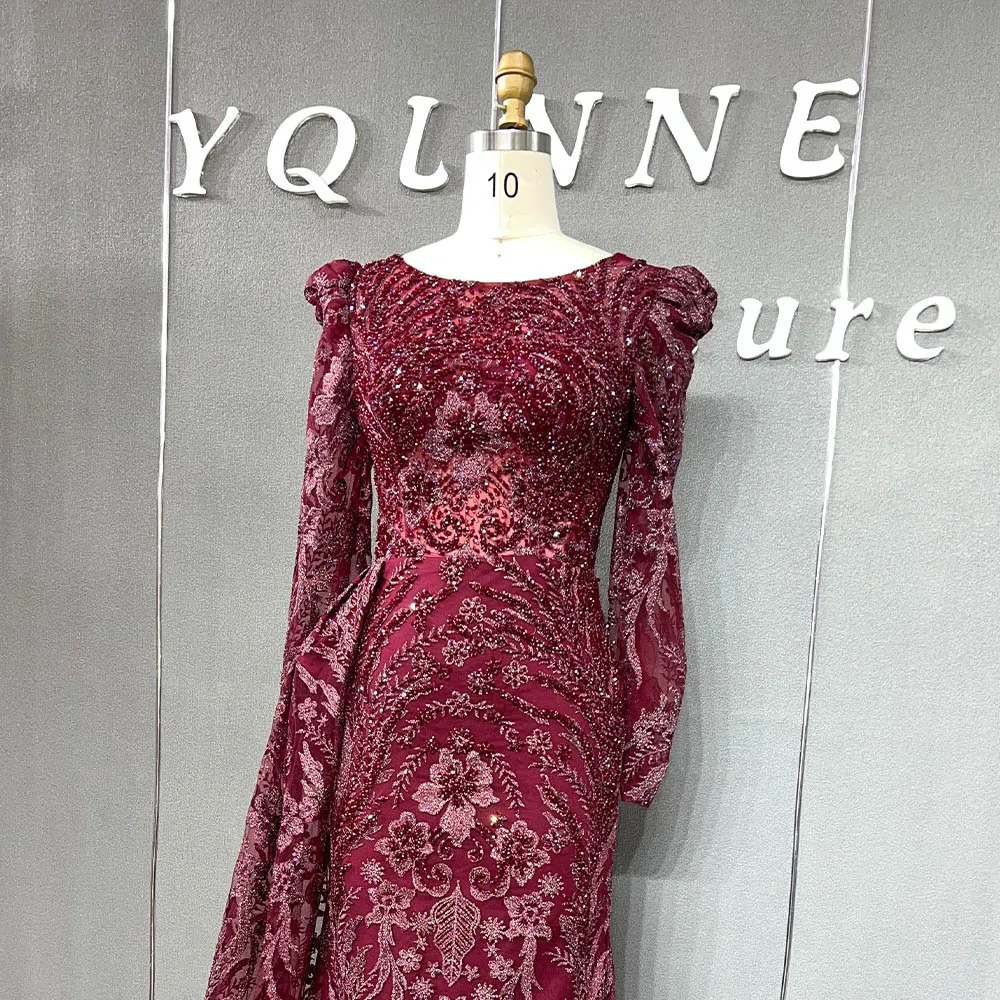 YQLNNE Burgundy Full Sleeves Embroidered Evening Dresses Muslim Mermaid Rhinestones Beaded Formal Women Party Gown