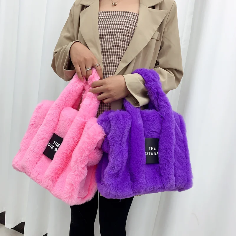 2024 Designer Faux Fur Tote Bag for Women Luxury Handbags Autumn Winter Plush Shoulder Crossbody Bags Brand Shopper Purses New