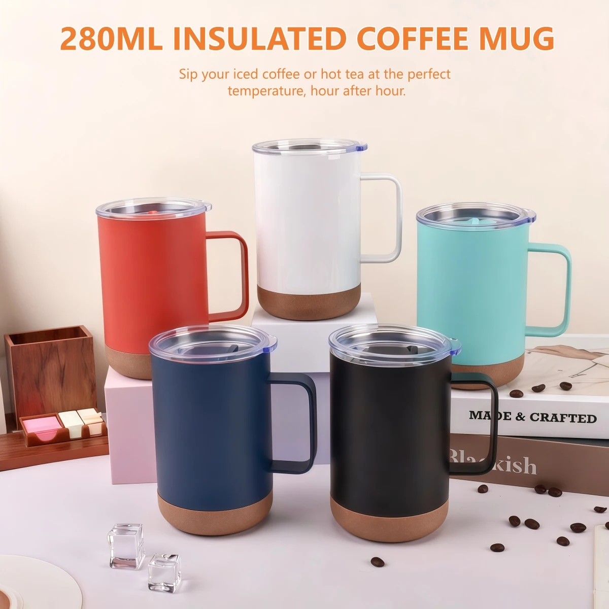 280ml Doppelwandiger Becher mit Griff in Holzoptik Kaffeetasse Stilvoller Funktionaler Trinkbecher mit Deckel für Büro und Zuhause