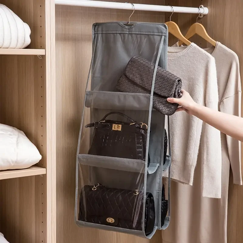 6 Pocket Hanging Handbag Organizer For Wardrobe Closet Gray Waterproof Storage Bag Porta Wall Clear