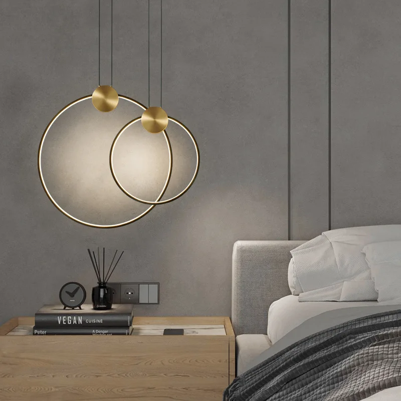 Simple LED bedroom bedside lamp light luxury Nordic bar restaurant lamp simple copper ring hang pendant lights