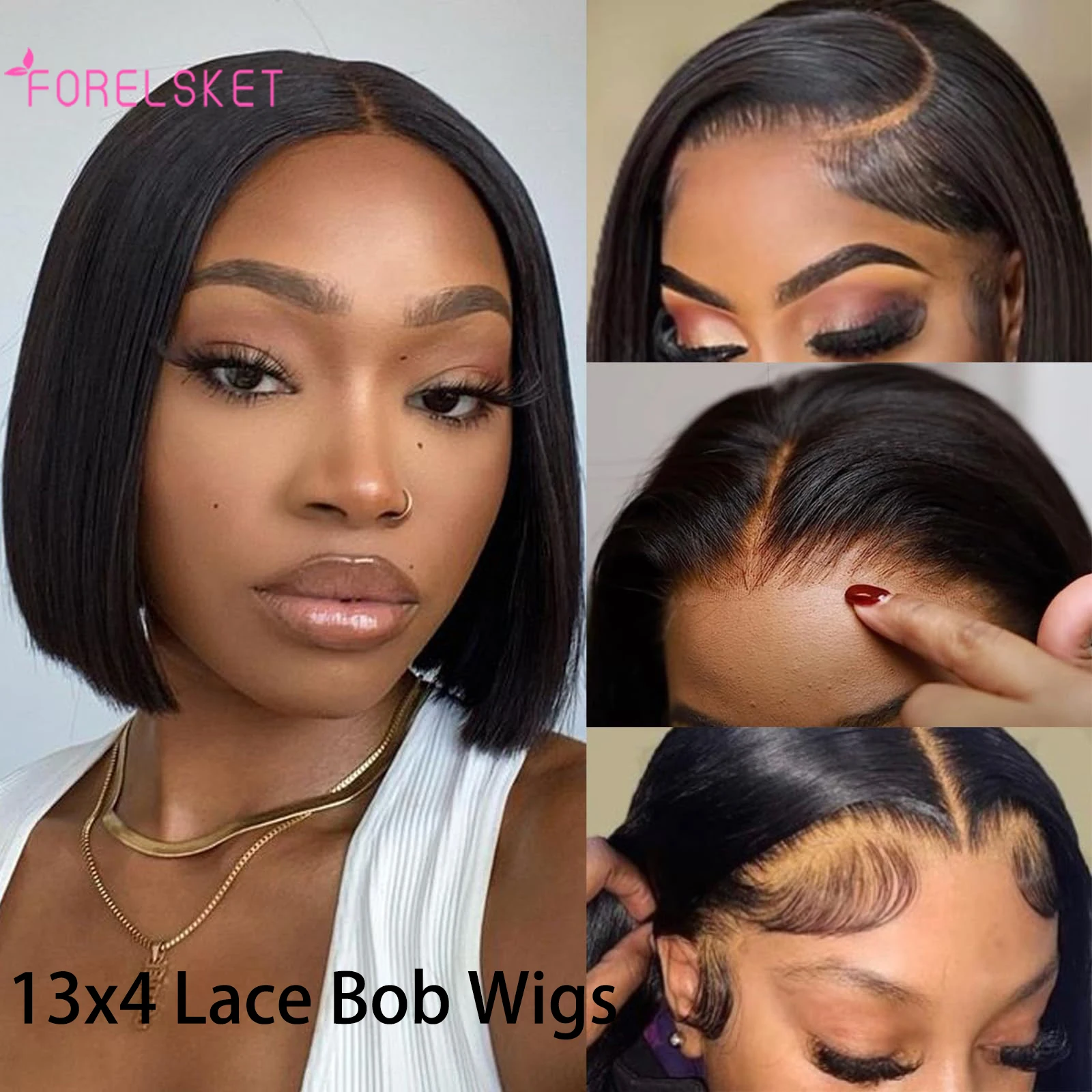 

Short Bob Wig Human Hair 13x4 HD Transparent Lace Front Wig 180%Density Straight Frontal Lace Wig for Women Natural Color 8 Inch