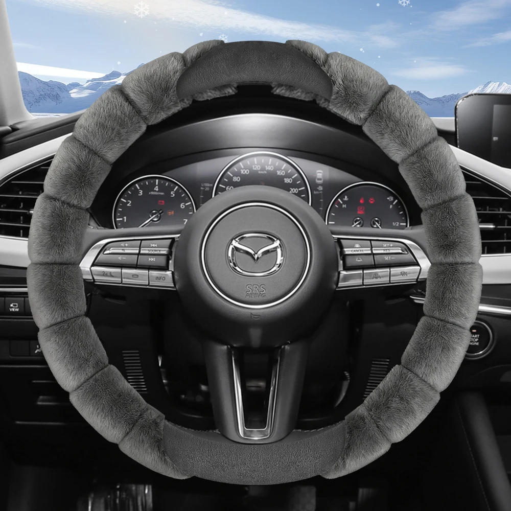 Suitable for Mazda Plush Steering Wheel Cover, Winter Cold-Proof and Warm Cover for Cx-5, Cx-30, Mazda3, Cx-50, Cx-90, Mazda2, Cx-60, Cx-3, Mx-5, Bt-50 and Other Models, Black and Gray ​ White Purple