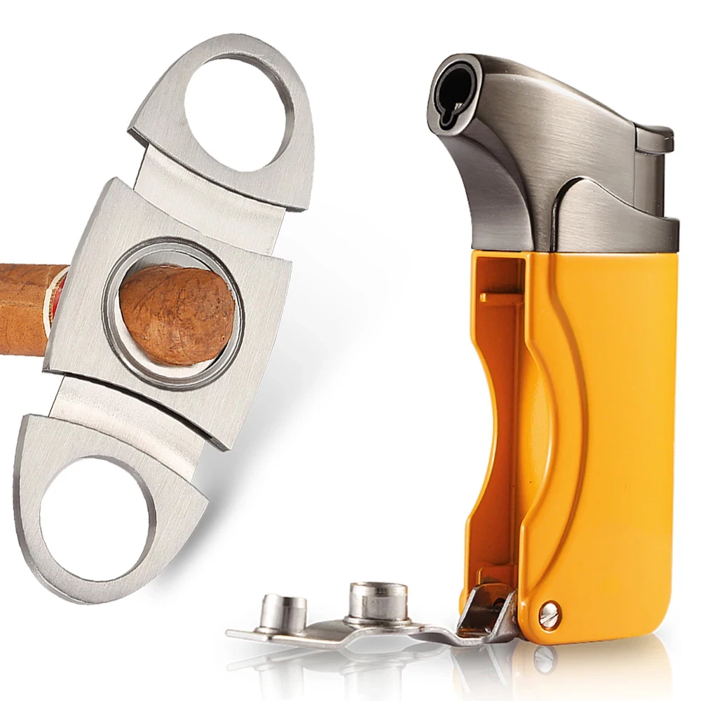 Cigar Lighter Cutter Set Metal 1 Jet Butane Gas Torch Lighter Tabacco Tool With 2 Diameter Punch Portable Cigar Cutter