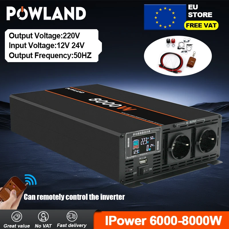 POWLAND Pure Sine Wave Inverter DC 12V 24V To AC 220V 8000W 6000W 5000W 4000W 3000W Portable Power Bank Converter Solar Inverter