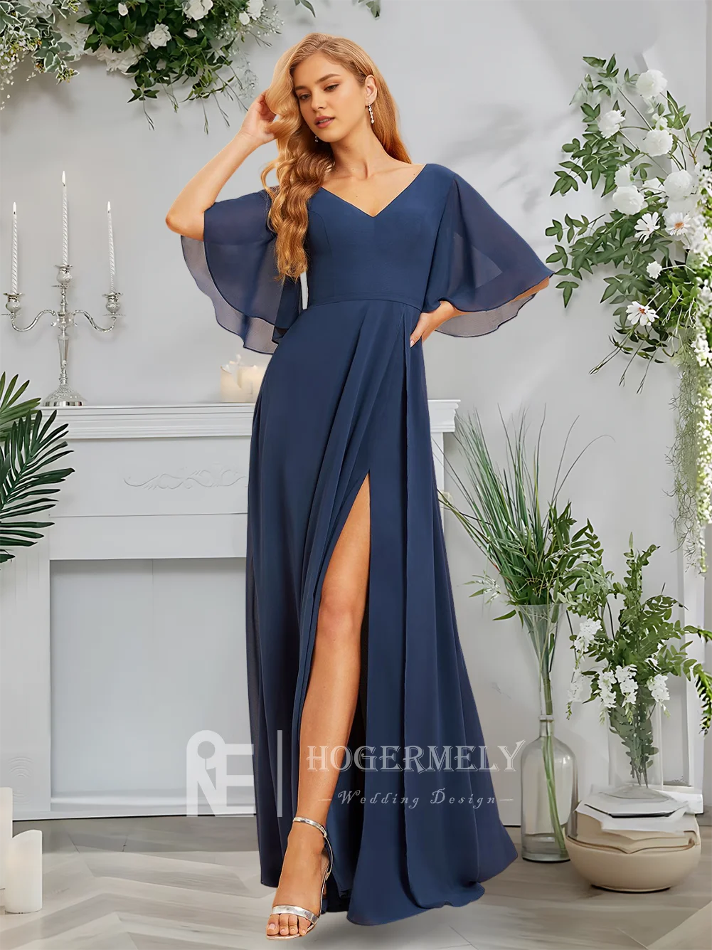 高級ネイビーブルー A ライン V ネック床長さのシフォンブライドメイドドレス半袖結婚式のゲストカクテルパーティー女性 2025 ​