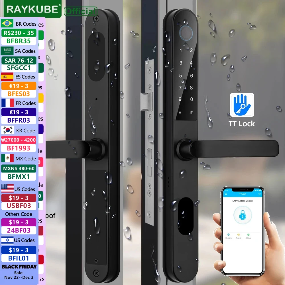 RAYKUBE Waterproof TT lock Bluetooth Fingerprint Door Lock Stainless Steel APP unlock For Outdoor and Indoor Black