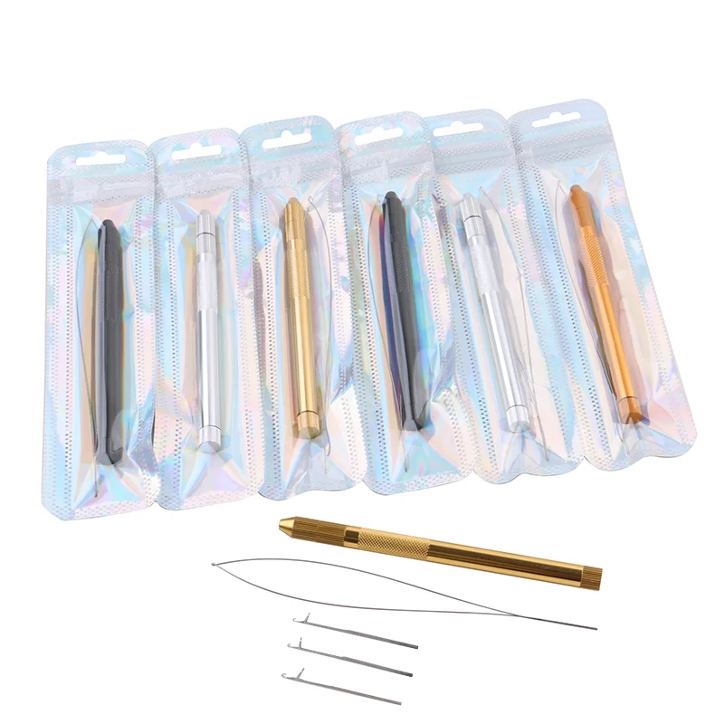 Aluminum Hook Needle Wig Making Tools Gold Ventilation Needle Loop Pulling Threader For Micro Rings Hair Extensions 6pcs/lot