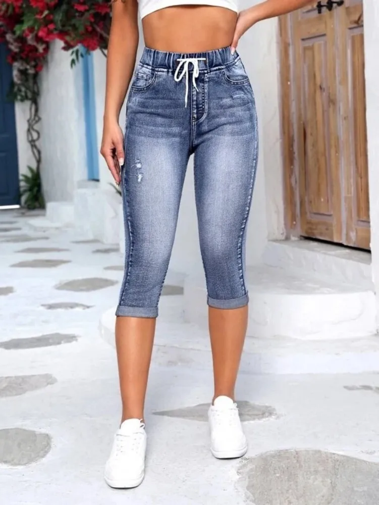 2023 New High Waist Ripped Calf-Length Jeans For Women Fashion High Stretch Elastic Waist Denim Pencil Pants Casual Skinny Jeans