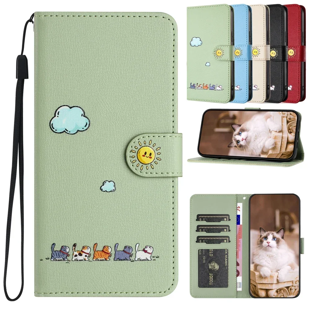 Coque de téléphone chat S24 Kawaii, étui portefeuille en cuir à rabat pour Samsung Galaxy S25 S23 Ultra S24 S22 Plus S21 FE S20 Note 20